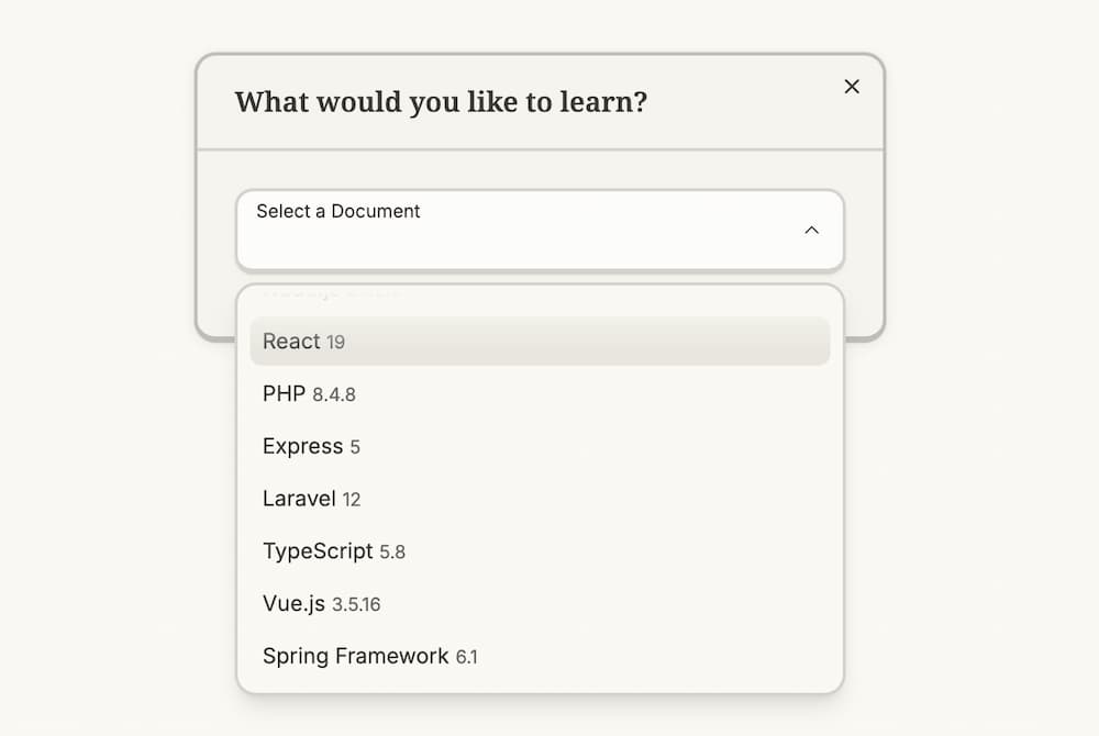 Choosing documentation in CodeSprout dashboard